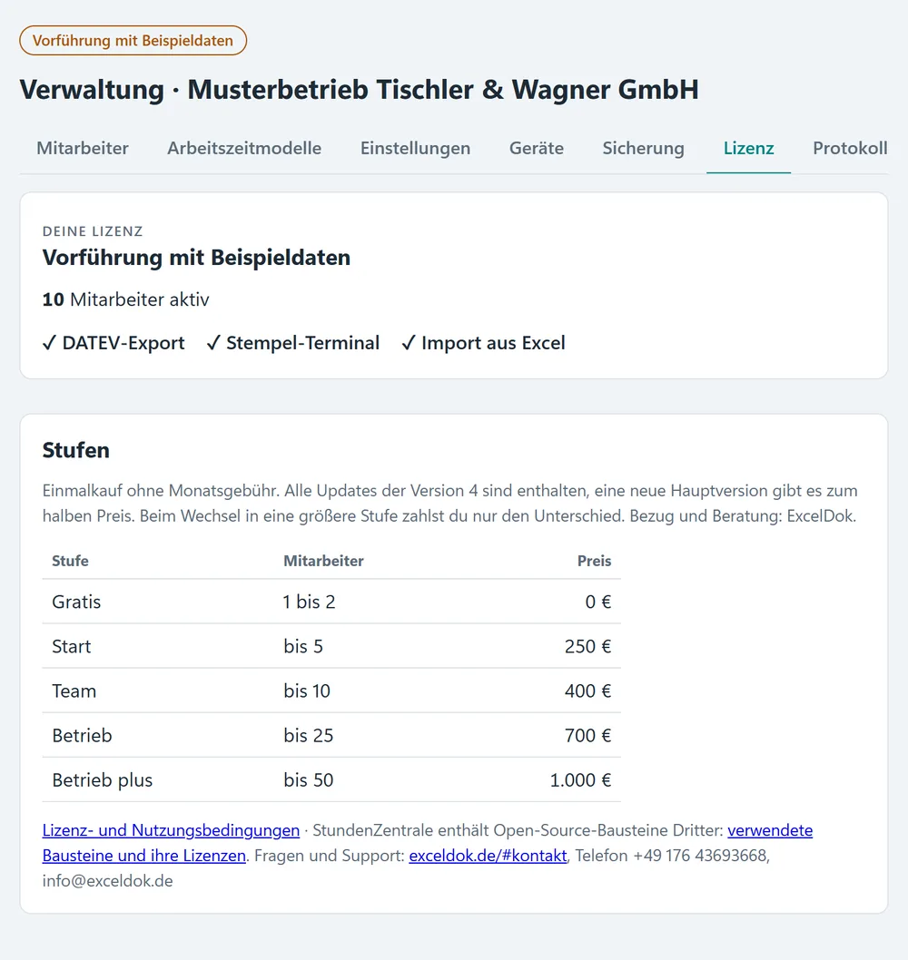 Verwaltung › Lizenz mit Feld für den Lizenzschlüssel und Übersicht der Stufen